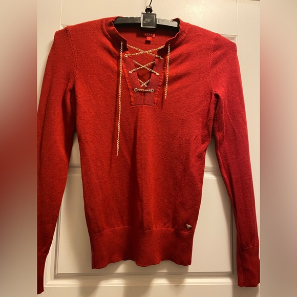 GUESS Women's Evelia Chain Lace-Up Sweater, Red, small - Picture 7 of 10